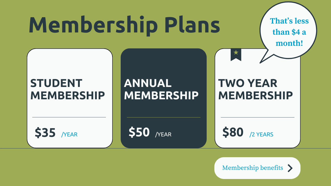 Membership Plans - Student Membership $35, Annual Membership $50, Two Year Membership $80 - learn more about membership benefits